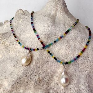 Mixed Gemstone Beaded Summer Necklace, Baroque Pearl Pendant